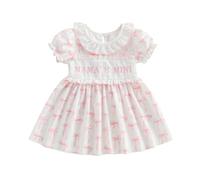 YILEEGOO Toddler Girl Summer Dress Mothers Day Fathers Day Outfit Bow Print Letter Ruffled Short Sleeve Party Princess Dress Summer Clothes (Pink-Mama's MINI, 12-18 Months)
