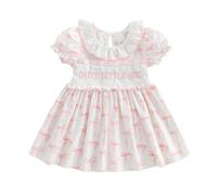 YILEEGOO Toddler Girl Summer Dress Mothers Day Fathers Day Outfit Bow Print Letter Ruffled Short Sleeve Party Princess Dress Summer Clothes (Pink-Daddy's Little Girl, 3-4 Years)