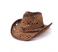 YILEEGOO Unisex Straw Cowgirl Hat Gradient Curved Brim Sun Cap Breathable Cut Out Western Hat with Bead Band (Dark Coffee, ONE Size)