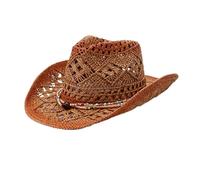 YILEEGOO Unisex Straw Cowgirl Hat Gradient Curved Brim Sun Cap Breathable Cut Out Western Hat with Bead Band (Dark Coffee Caramel, ONE Size)
