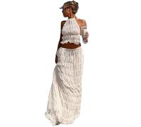 YILEEGOO Women 2pcs Outfit Summer Co-ord Skirt Set Halterneck Backless Pleated Ruffle Crop Tank Top + Long Maxi Skirt Beach Cover Ups (White, S)