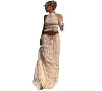 YILEEGOO Women 2pcs Outfit Summer Co-ord Skirt Set Halterneck Backless Pleated Ruffle Crop Tank Top + Long Maxi Skirt Beach Cover Ups (Apricot, XL)