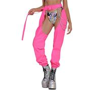 YILEEGOO Women Buckle Bottomless Long Pants High Waist Cargo Pants Crotchless Baggy Trousers Reflective Rave Leggings (Pink, S)