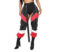 YILEEGOO Women Buckle Bottomless Long Pants High Waist Cargo Pants Crotchless Baggy Trousers Reflective Rave Leggings (Black Red, M)