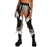 YILEEGOO Women Buckle Bottomless Long Pants High Waist Cargo Pants Crotchless Baggy Trousers Reflective Rave Leggings (Black White, L)