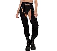 YILEEGOO Women Buckle Bottomless Long Pants High Waist Cargo Pants Crotchless Baggy Trousers Reflective Rave Leggings (Black, L)