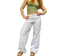 YILEEGOO Women Casual Lounge Pants Straight Leg Summer Trousers Eyelet Embroidery Lace Hollow Out Loose Palazzo Beach Pants (White, S)