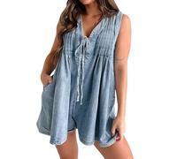 YILEEGOO Women Casual V Neck Denim Romper Sleeveless Tank Mini Dress Pleated Tie Front Jean Overall Shorts Jumpsuit with Pockets (Blue, L)