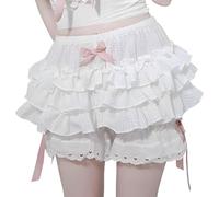 YILEEGOO Women Fashion Lace Layered Ruffle Shorts Elastic Waist Bowknot Shorts Sexy Boy Shorts Club Daily Sweet Pettipants Bottoms Kawaii Lounge Shorts (White, S)