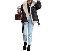 YILEEGOO Women Faux Lamb Fur Leather Short Jacket Lapel Zipper Outwear Faux Suede Lapel Coat Warm Biker Motor Aviator Coat (Dark Brown, M)