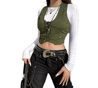 YILEEGOO Women Retro Suit Vest Adjustable Strap Black Button Down Waistcoat (Green-3 Buttons Racerback, Medium)