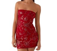YILEEGOO Women Sequin Beaded Tube Mini Dress Strapless Sparkly Rhinestone Embellished Backless Summer Bodycon Party Beach Dress (A-Red, S)