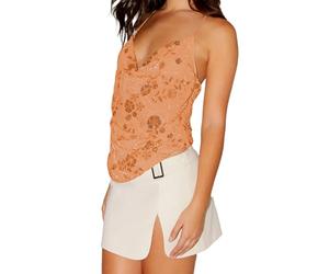 YILEEGOO Women Sequin Floral Cami Tops Cowl Neck Spaghetti Strap Open Back Asymmetrical Shirts Rhinestone Going Out Tops (Orange, S)