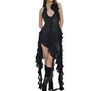 YILEEGOO Women Sexy Bodycon Dress Floral Tassels Frill Mesh Dress Split Irregular Ruffles Ruched Club Cocktails Party Midi Dress (Black, L)
