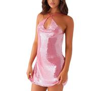 YILEEGOO Women Sexy Halter Mini Dress Sequin Sparkly Backless Short Dresses Glitter Spaghetti Strap V Neck Cut Out Bodycon Club Dress (Pink, L)