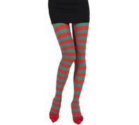 YILEEGOO Women Sheer Mesh Tights Sparkle Rhinestone Star/Bowknot Pattern Pantyhose Stockings Leggings Party Concert Outfits (Xmas Green Red Striped, ONE SIZE)