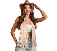 YILEEGOO Women Tassel Fringe Vest 70s Hippie Faux Suede Rivets Sleeveless Jacket Cardigan Tops (Hollow Out Ivory, L)