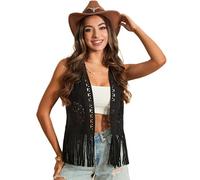 YILEEGOO Women Tassel Fringe Vest 70s Hippie Faux Suede Rivets Sleeveless Jacket Cardigan Tops (Hollow Out Black, M)