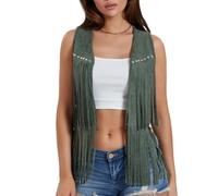 YILEEGOO Women Tassel Vest 70s Faux Suede Rivets Sleeveless Fringe Waistcoat Jacket Open Front Boho Western Jacket Cardigan (Double Tassel Army Green, XXL)
