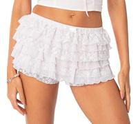 YILEEGOO Women Y2k Cute Lace Shorts Layered Ruffle Trim Elastic Waist Shorts Sexy Boy Shorts Club Daily Sweet Pettipants Bottoms Kawaii Lounge Shorts (White, S)
