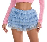 YILEEGOO Women Y2k Cute Lace Shorts Layered Ruffle Trim Elastic Waist Shorts Sexy Boy Shorts Club Daily Sweet Pettipants Bottoms Kawaii Lounge Shorts (B1 Blue, S)