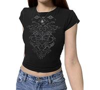 YILEEGOO Women Y2K Long Sleeve Tops T Shirt Gothic Cross Wings Print Patchwork V Neck Basic Tops Shirt Vintage Fairy Grunge Streewear (Z5 Black, S)