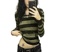 YILEEGOO Women Y2K Long Sleeve Tops T Shirt Gothic Cross Wings Print Patchwork V Neck Basic Tops Shirt Vintage Fairy Grunge Streewear (Z12-Hoodies-Olive Green, M)