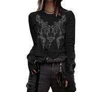YILEEGOO Women Y2K Long Sleeve Tops T Shirt Gothic Cross Wings Print Patchwork V Neck Basic Tops Shirt Vintage Fairy Grunge Streewear (Z11-Black, S)