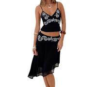 YILEEGOO Women's 2 Piece Skirt Set Summer Outfits Boho Floral Spaghetti Strap V-Neck Backless Cami Top + Asymmetrical Sheer Midi Skirts Set (Black, L)