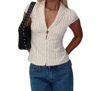 YILEEGOO Women's Basic Button Down Shirts Cap Sleeve Lapel Collar Tight Blouse Tie Up Back Slim Fit Tops Summer Office Shirt (Z17-Creamy White, M)