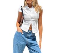 YILEEGOO Women's Basic Button Down Shirts Cap Sleeve Lapel Collar Tight Blouse Tie Up Back Slim Fit Tops Summer Office Shirt (Z19-White, M)