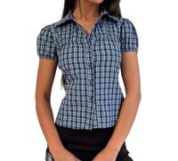 YILEEGOO Women's Basic Button Down Shirts Cap Sleeve Lapel Collar Tight Blouse Tie Up Back Slim Fit Tops Summer Office Shirt (Plaid Blue, S)