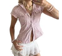 YILEEGOO Women's Basic Button Down Shirts Cap Sleeve Lapel Collar Tight Blouse Tie Up Back Slim Fit Tops Summer Office Shirt (Z13-Pink, S)