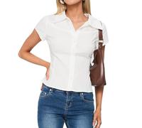 YILEEGOO Women's Basic Button Down Shirts Cap Sleeve Lapel Collar Tight Blouse Tie Up Back Slim Fit Tops Summer Office Shirt (Z18-White, L)