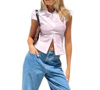 YILEEGOO Women's Basic Button Down Shirts Cap Sleeve Lapel Collar Tight Blouse Tie Up Back Slim Fit Tops Summer Office Shirt (Z19-Pink, S)