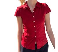 YILEEGOO Women's Basic Button Down Shirts Cap Sleeve Lapel Collar Tight Blouse Tie Up Back Slim Fit Tops Summer Office Shirt (Z2-Red, L)