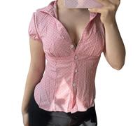 YILEEGOO Women's Basic Button Down Shirts Cap Sleeve Lapel Collar Tight Blouse Tie Up Back Slim Fit Tops Summer Office Shirt (Z24-Pink, L)