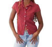 YILEEGOO Women's Basic Button Down Shirts Cap Sleeve Lapel Collar Tight Blouse Tie Up Back Slim Fit Tops Summer Office Shirt (Z17-Red, L)