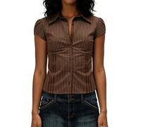 YILEEGOO Women's Basic Button Down Shirts Cap Sleeve Lapel Collar Tight Blouse Tie Up Back Slim Fit Tops Summer Office Shirt (Z20-Light Brown, L)