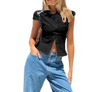 YILEEGOO Women's Basic Button Down Shirts Cap Sleeve Lapel Collar Tight Blouse Tie Up Back Slim Fit Tops Summer Office Shirt (Z19-Black, M)