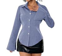 YILEEGOO Women's Basic Button Down Shirts Long Sleeve Lapel Collar Tight Blouse Tie Up Back Slim Fit Y2k Tops Office Shirts (Z5-Blue, L)