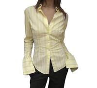 YILEEGOO Women's Basic Button Down Shirts Long Sleeve Lapel Collar Tight Blouse Tie Up Back Slim Fit Y2k Tops Office Shirts (Z9-Yellow, M)