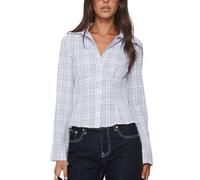 YILEEGOO Women's Basic Button Down Shirts Long Sleeve Lapel Collar Tight Blouse Tie Up Back Slim Fit Y2k Tops Office Shirts (A7-Blue, XL)