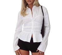 YILEEGOO Women's Basic Button Down Shirts Long Sleeve Lapel Collar Tight Blouse Tie Up Back Slim Fit Y2k Tops Office Shirts (Z11-White, M)