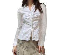 YILEEGOO Women's Basic Button Down Shirts Long Sleeve Lapel Collar Tight Blouse Tie Up Back Slim Fit Y2k Tops Office Shirts (A0-White, L)