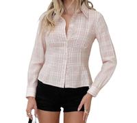 YILEEGOO Women's Basic Button Down Shirts Long Sleeve Lapel Collar Tight Blouse Tie Up Back Slim Fit Y2k Tops Office Shirts (Z6-Pink, L)