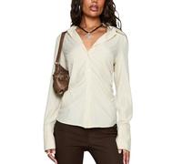 YILEEGOO Women's Basic Button Down Shirts Long Sleeve Lapel Collar Tight Blouse Tie Up Back Slim Fit Y2k Tops Office Shirts (Z1-Yellow, XL)