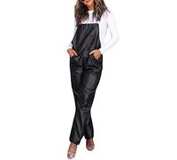 YILEEGOO Women's Black Faux Leather Bib Overalls Solid Color Loose Casual Sleeveless Cargo Straight Leg Jumpsuit Romper with Pockets Suspender Pants