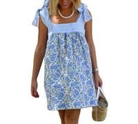 YILEEGOO Women's Boho Floral Tie Shoulder Square Neck Sleeveless Babydoll Short Mini Dress Summer Vacation Pleated A-line Beach Sundress (Blue Floral, S)