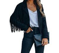 YILEEGOO Womens Coat Jacket Tops Long Sleeve Faux Suede Leather Solid Waterfall Collar OL Work Office Cardigan (Black Fringed, X-Large)